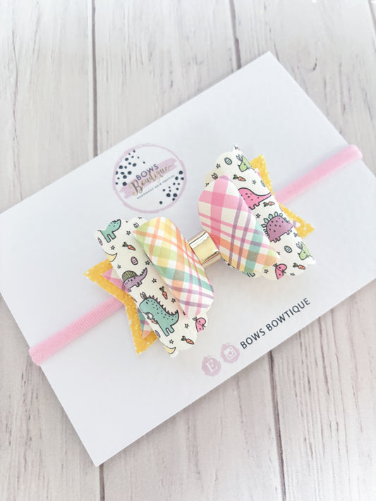 Pastel Plaid Dino Bow
